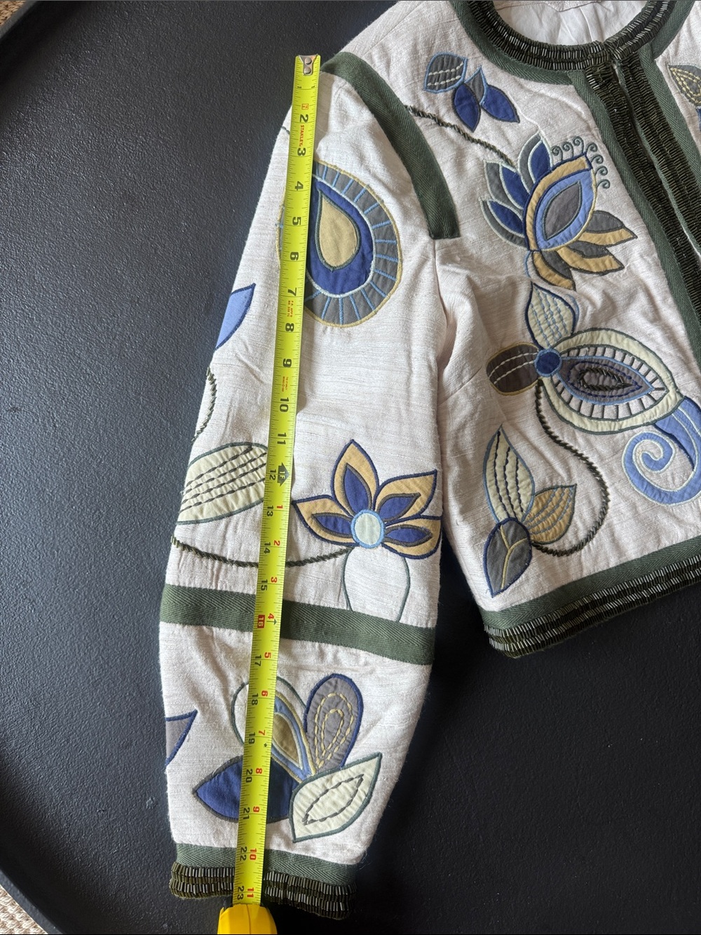 Veronica Beard Cream Cropped Jacket with Olive Trim & Blue Embroidery - Picture 8 of 8